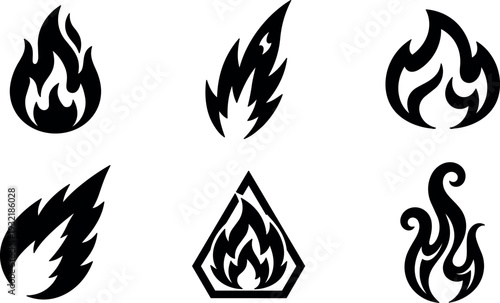 Flat silhouette flame icon set six variations black fire symbols simple vector isolated on white background minimal design clean editable