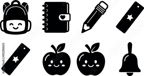 Flat design school supply icon set close up backpack notebook pencil eraser two apples bell black silhouette vector minimal icon