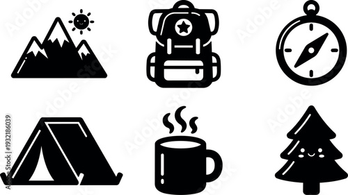 Flat design camping icon set showing backpack compass tent mountains steaming mug pine tree minimalist black silhouettes hiking outdoors recreation