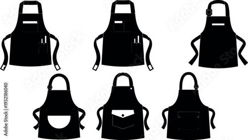 Flat design apron icon set showing six black apron silhouettes front and back close up kitchen utensils pocket various views