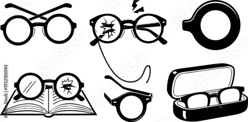 Line art set of vintage eyeglasses icons showing cracked lens repair glasses case open and top view isolated black white