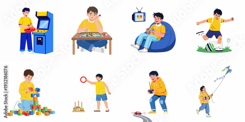 Happy boys enjoying a range of childhood recreational activities, from digital to traditional, indoors and outdoors, highlighting diverse hobbies.