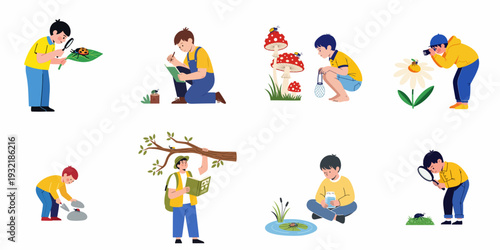 Foto Children Engaging in Nature Exploration and Insect Study: A Collection of Kids Learning About Bugs and Plants Outdoors