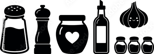 Flat design black condiment icon set showing salt shaker pepper mill jam jar oil bottle garlic and spice jars row