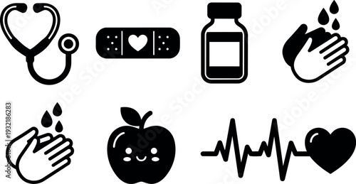 Flat design simple medical icon set close up including stethoscope bandage vial handwashing apple heartbeat and heart icons black silhouette