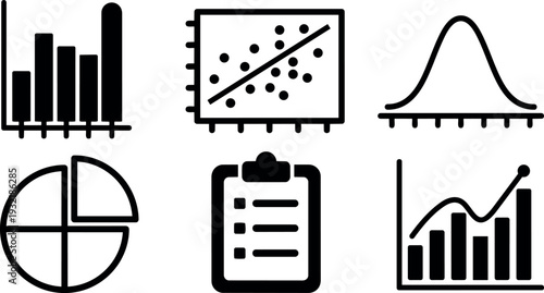 Flat line art icon set showing bar chart scatter plot bell curve pie chart clipboard and trend line graph simple