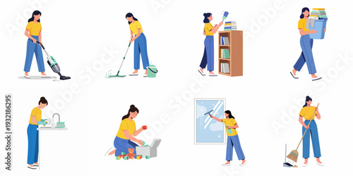Woman performing diverse household cleaning and organizing tasks: vacuuming, mopping, dusting, laundry, dishwashing, and tidying up.