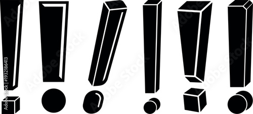 Pop art row of bold three dimensional exclamation marks in varying tilt on white background with high contrast graphic mood