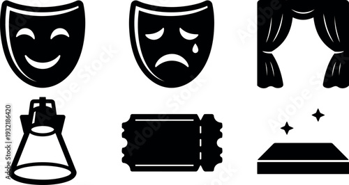 Flat design close up theater icons set with comedy and tragedy masks spotlight tickets curtain and stage platform cinematic silhouette