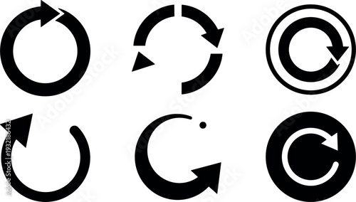 Flat design simple reload and refresh icons set six circular arrow symbols close up vector ui button collection black minimal
