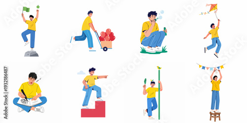 Young Man Engaged in Various Daily Activities: Celebrating, Playing, Creating, and Progressing. A Diverse Set of Life Illustrations.
