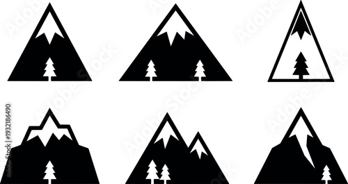 Minimalist vector mountain icon set showing pine tree silhouettes in geometric black and white badges close up landscape view collection