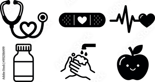 Minimalist flat medical icon set stethoscope with heart bandage heartbeat line medicine bottle handwashing apple black silhouette vector clean simple