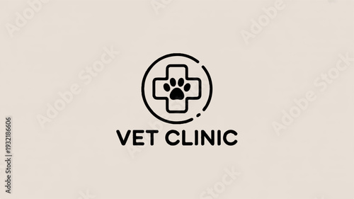 Veterinary clinic logo with paw print and cross on beige background