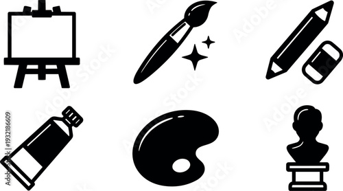 Flat design art supplies icon set easel brush palette paint tube pencils eraser sculpture bust simple black silhouettes vector collection