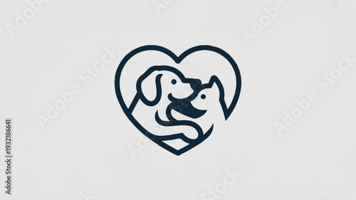Heartwarming animal friendship logo with dog and cat heads in heart shape symbolizing love and affection for pets and wildlife conservation