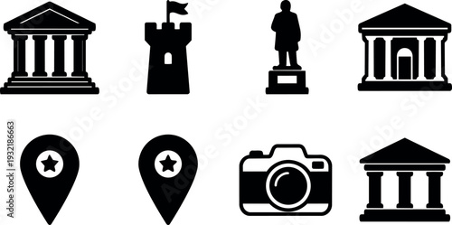 Flat design black landmark and travel icon set showing courthouse castle tower statue camera and location pins in closeup minimal