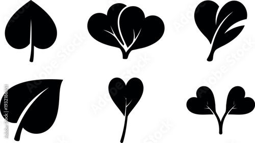 Flat design minimalist clover and heart leaf icon set six close up silhouettes vector art black on white simple composition