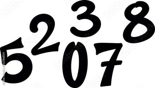 Retro cartoon 90s style tilted bold numbers five two three eight zero seven scattered on white background playful vector