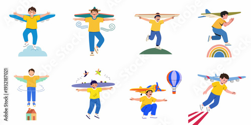 Joyful boys imagining flight, a collection of happy kids acting as airplanes, celebrating dreams and freedom.