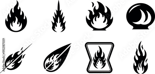 Flat vector icon set of black flame and meteor symbols including hourglass flame and burning comet in minimalist silhouette collection