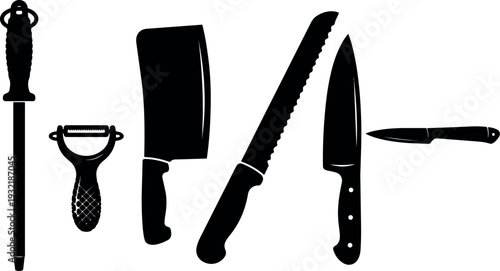 Silhouette kitchen tool set flat vector close up chef knives cleaver peeler honing arranged horizontally black icons
