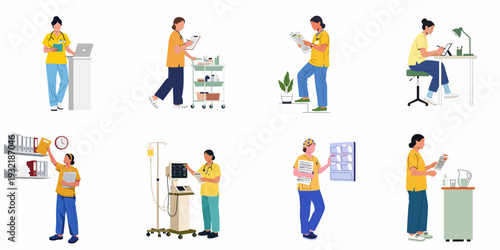 Healthcare Professionals at Work: Illustrative Scenes of Nurses Managing Records, Equipment, and Patient Care Duties