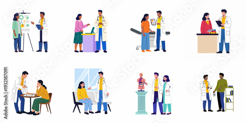 Collection of diverse doctors and patients engaging in different medical consultations, examinations, and healthcare discussions, professional flat design.