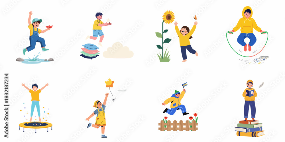 Fototapeta premium Children enjoying various outdoor and imaginative activities, from jumping in puddles and trampolines to reading books and chasing butterflies, showcasing diverse childhood joys.