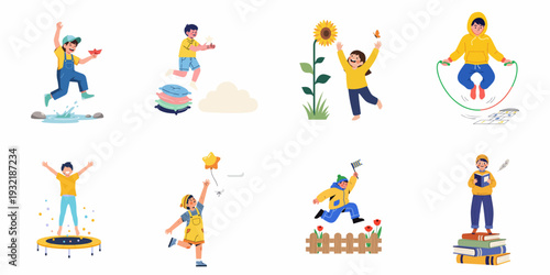 Children enjoying various outdoor and imaginative activities, from jumping in puddles and trampolines to reading books and chasing butterflies, showcasing diverse childhood joys.