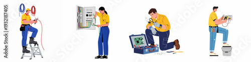 Skilled electricians and technicians performing various electrical and electronic repair tasks, including wiring, circuit board inspection, and outlet testing, demonstrating professional service.