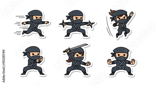 Cartoon Ninja Characters Action Poses Set