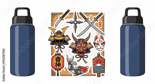 Asian Inspired Water Bottle and Sticker Set
