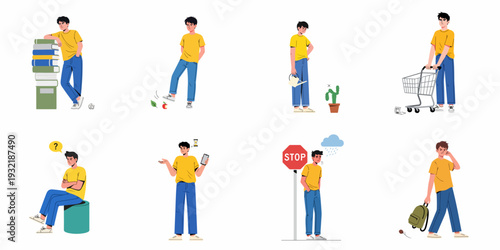 A collection of illustrations depicting a young man facing various everyday challenges, frustrations, and dilemmas.