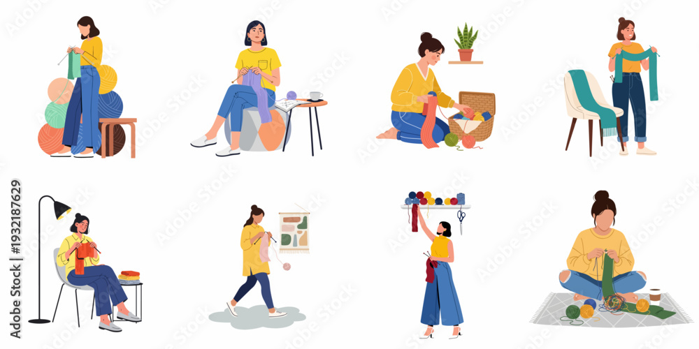 Fototapeta premium Illustrations of women engaged in knitting and yarn craft activities, showcasing creativity, relaxation, and handmade hobbies.