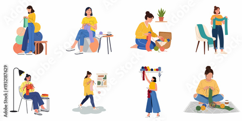 Illustrations of women engaged in knitting and yarn craft activities, showcasing creativity, relaxation, and handmade hobbies.