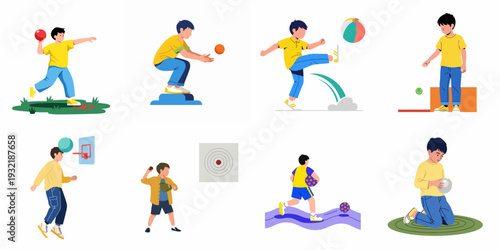 Collection of illustrations depicting boys actively playing with various balls, engaged in diverse sports like throwing, kicking, catching, and dribbling, highlighting childhood fun.