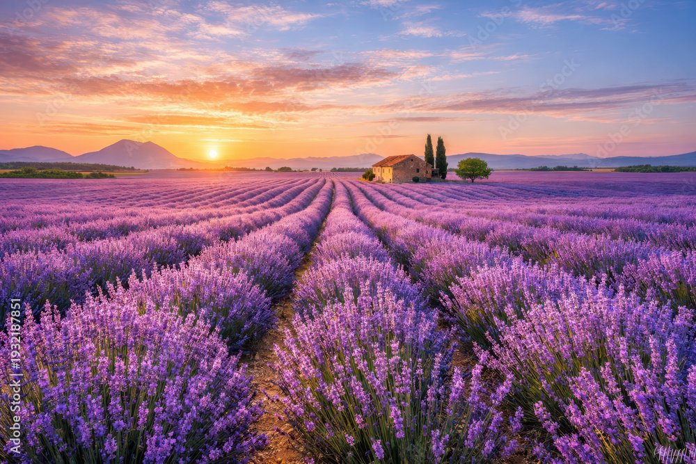 Fototapeta premium Lavender fields at sunset with a rustic house in the background.