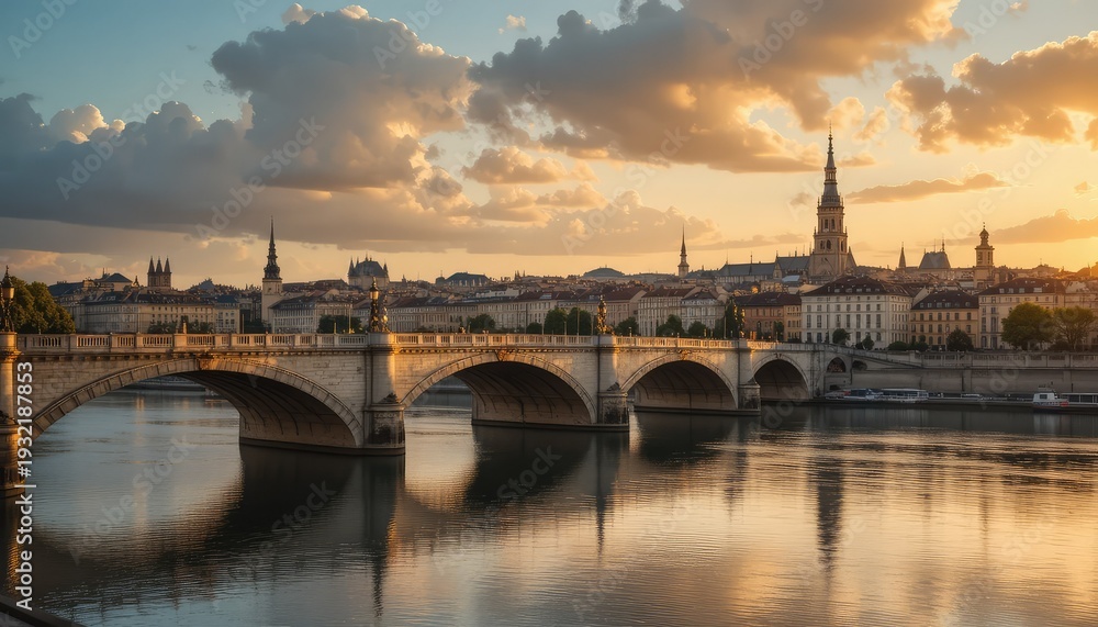 Fototapeta premium Sunset over historic cityscape with stone bridge and river