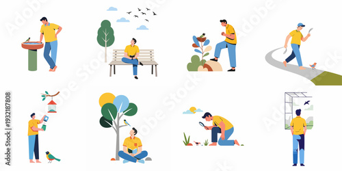 Man observing and interacting with birds in various natural settings, showcasing different aspects of birdwatching and appreciation for wildlife.