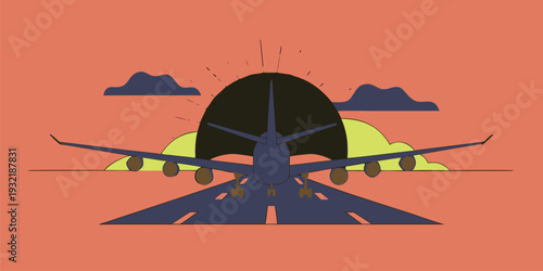 Stylized illustration of an airplane taking off from a runway during a beautiful orange sunset sky