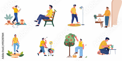 Collection of illustrations depicting men enjoying music with headphones during various everyday activities, hobbies, and moments of relaxation.