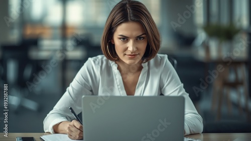 A focused businesswoman working on her laptop in a modern office setting