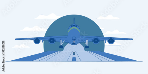 Stylized front view illustration of a commercial passenger airplane on an airport runway with clouds