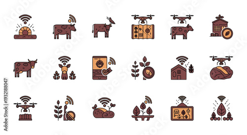 Smart Farming and Digital Agriculture Flat Icon Set: IoT Sensors for Livestock, Drone Mapping, Soil Monitoring, and Smart Greenhouse Automation Technology