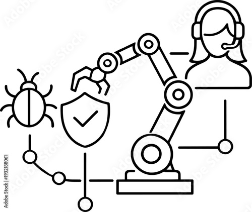 Minimal Line Art Illustration of Robotic Arm, Security Shield, Bug, and Support Agent for Cybersecurity and AI Concepts.