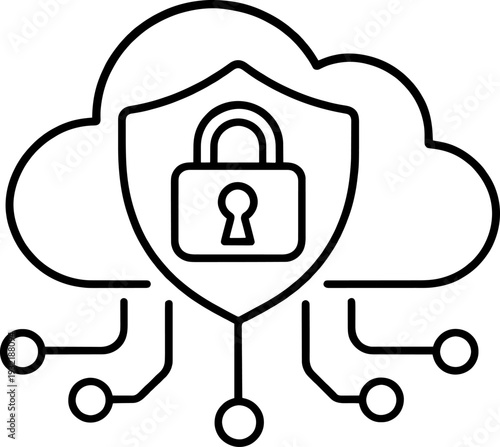 Minimalist Icon for Cloud Security, Data Protection, and Network Privacy. A simple and modern line art illustration of secure cloud computing with a padlock and shield.