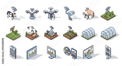 Smart Farming and Digital Agriculture Isometric Icon Set: IoT Sensors, Drones, Livestock Monitoring, and Data Analytics for Modern Agrotech