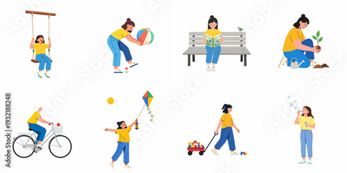 Collection of young girls enjoying various outdoor and leisure activities in spring or summer, illustrating healthy and playful lifestyles.