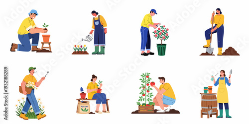 People engaged in diverse gardening activities like planting, watering, pruning, harvesting, and enjoying nature in a vibrant, flat illustration style.